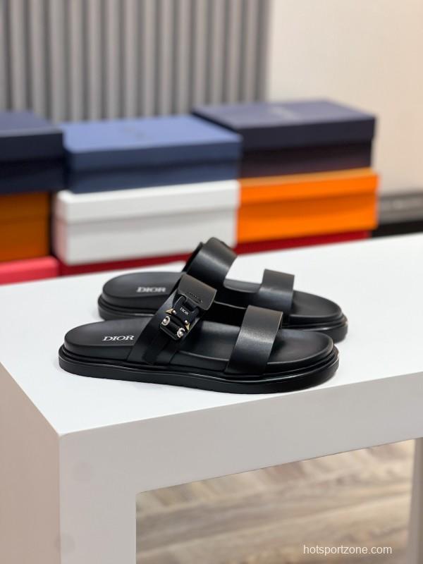 2025 Men Dior Black Leather Slippers Metal CD Diamond AS00190