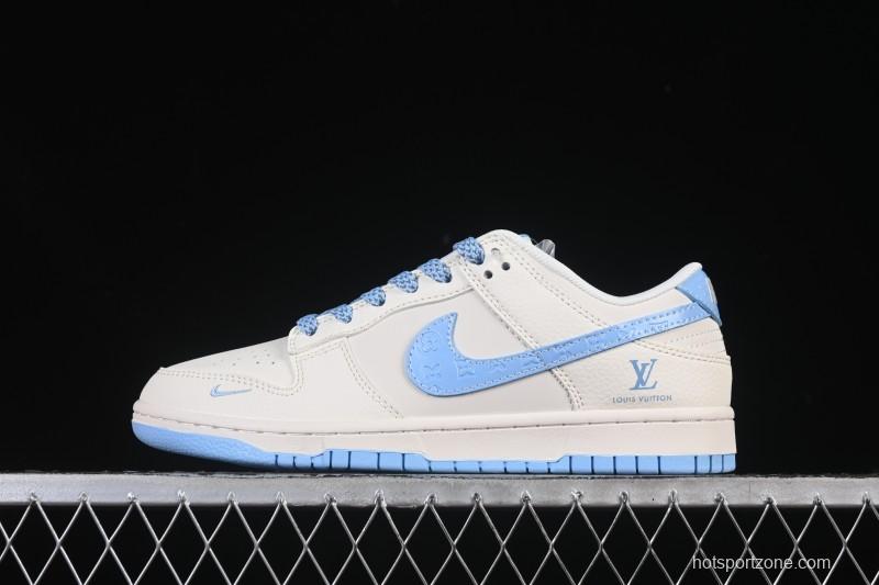 Nike SB Dunk Low LV Collaboration Off-White Ice Blue Print Anniversary High-End Custom Low-Top Casual Skate Shoes - JP1628-015