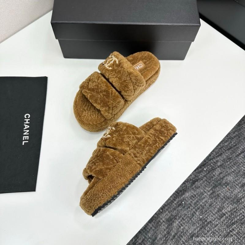 Chanel 2025 SS New Autumn Winter Lazy Sheep Genuine Wool Lazy Slippers Chanel Quilted Thick Sole Fur Slides - LY00300