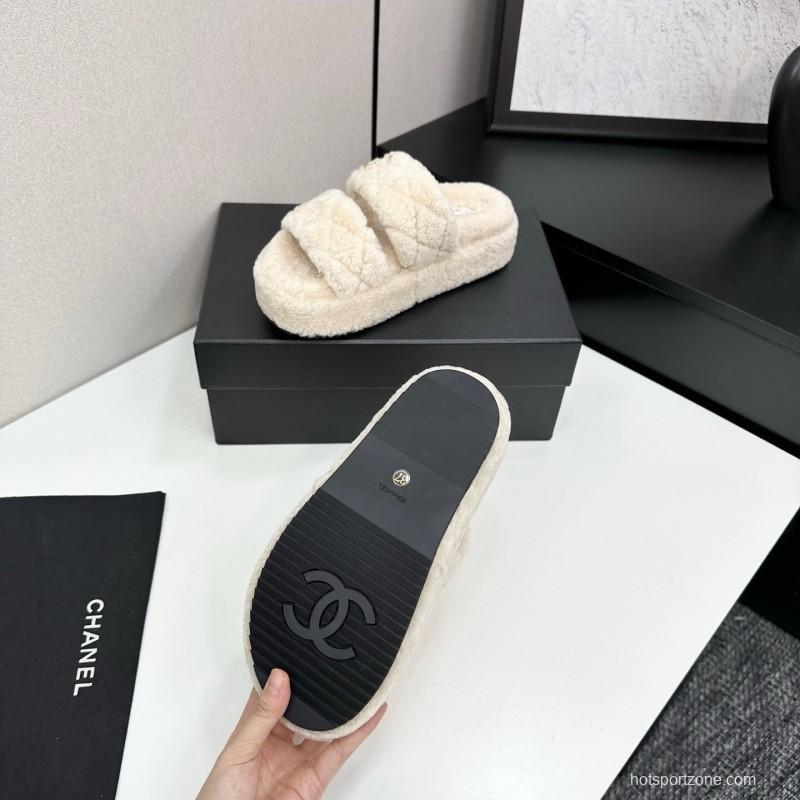 Chanel 2025 SS New Autumn Winter Lazy Sheep Genuine Wool Lazy Slippers Chanel Quilted Thick Sole Fur Slides - LY00300