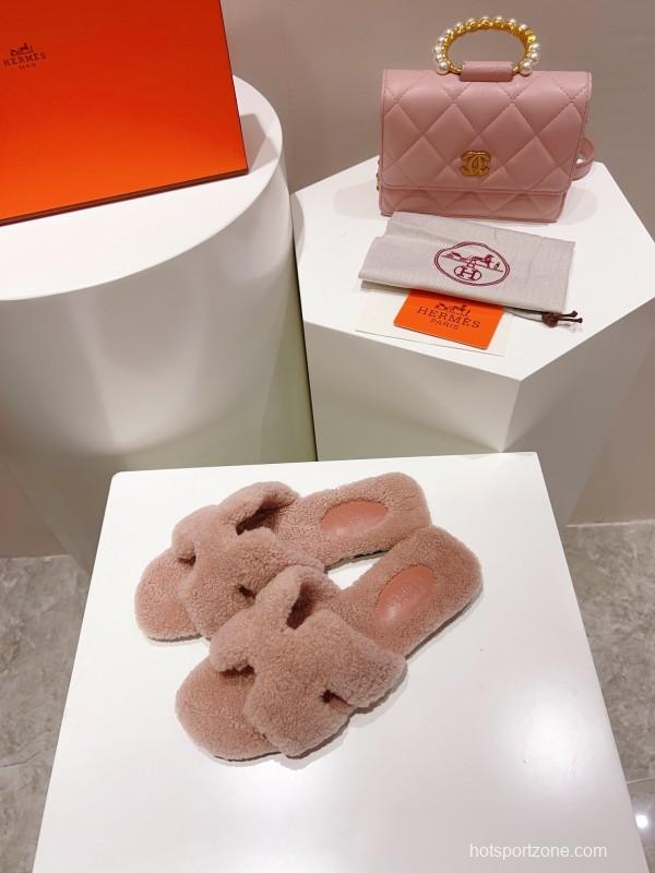 H Teddy Wool H Slippers Flat Sole Winter Edition - LY00240