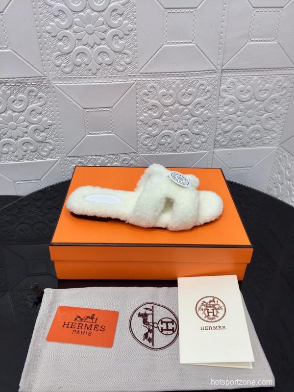 H Teddy Wool H Slippers Flat Sole Fur Slides - LY00240