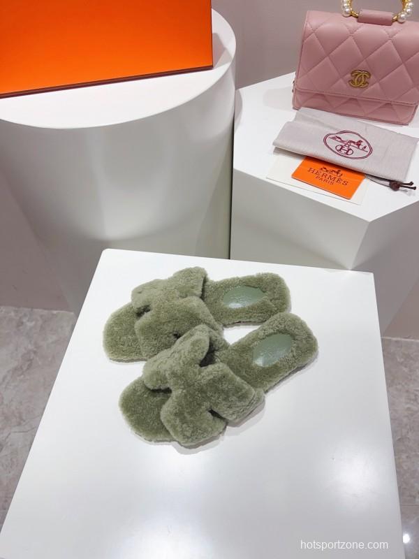 H Teddy Wool H Slippers Flat Sole Fur Slippers for Autumn Winter - LY00240