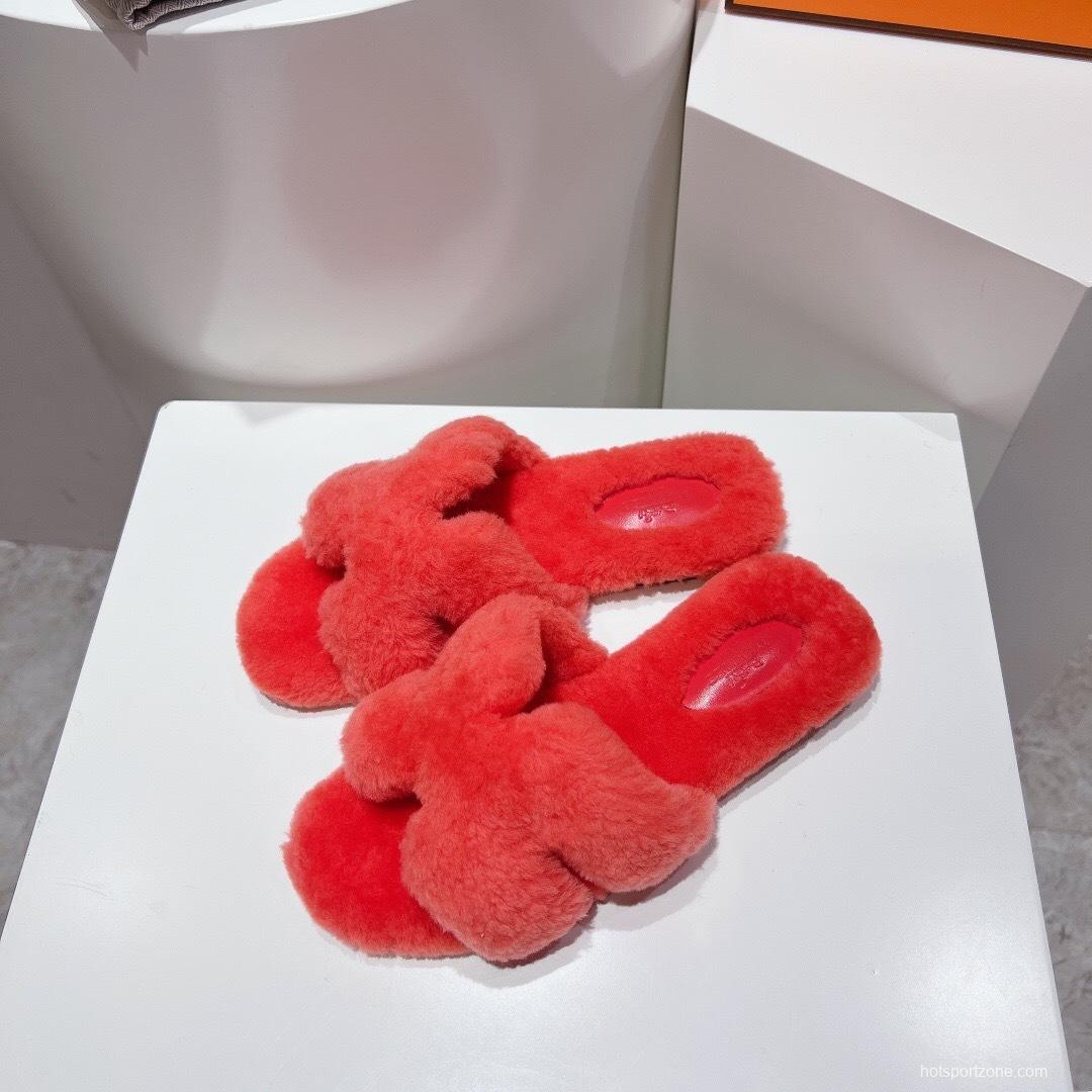 Hermès Teddy Wool H Slippers Flat Sole Fur Slides - LY00240