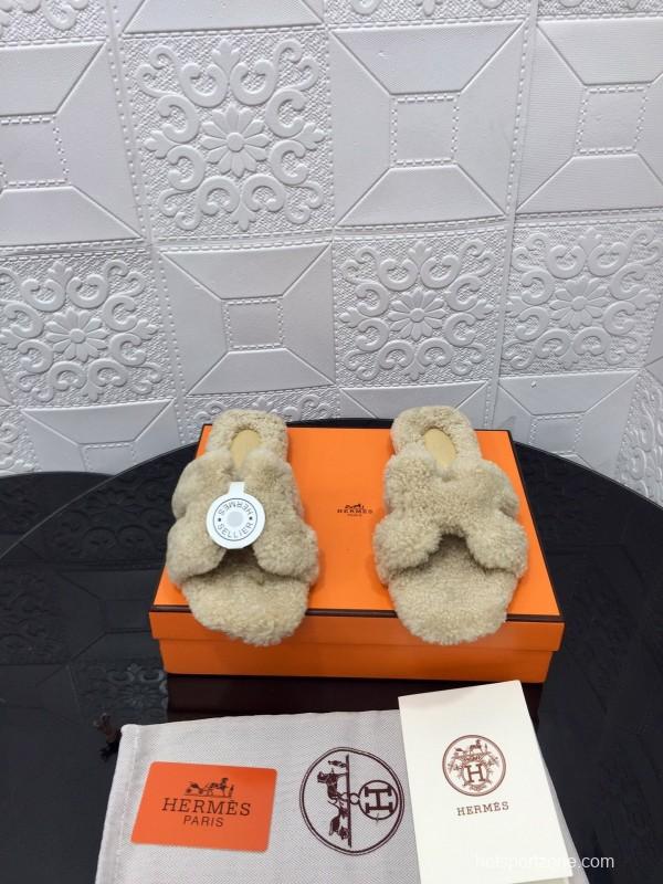 H Teddy Wool H Slippers Flat Sole Winter Home Shoes - LY00240