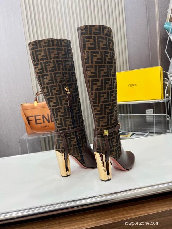 FENDI Delfina Round Toe Boots with FF Buckle and Heel Detailing - LY00