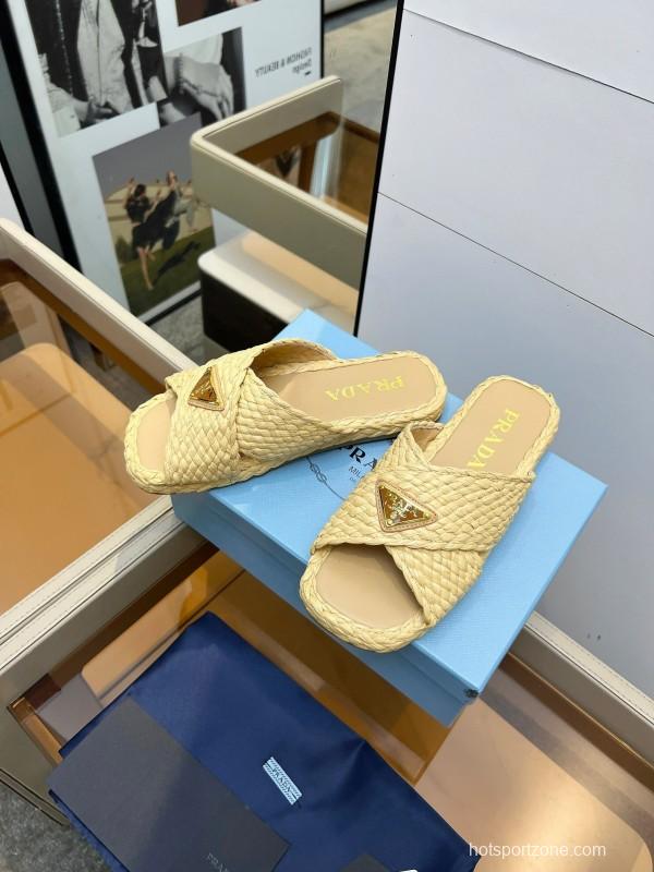 Prada Raffia Handwoven Cross Sandals 2025SS - KFY00260