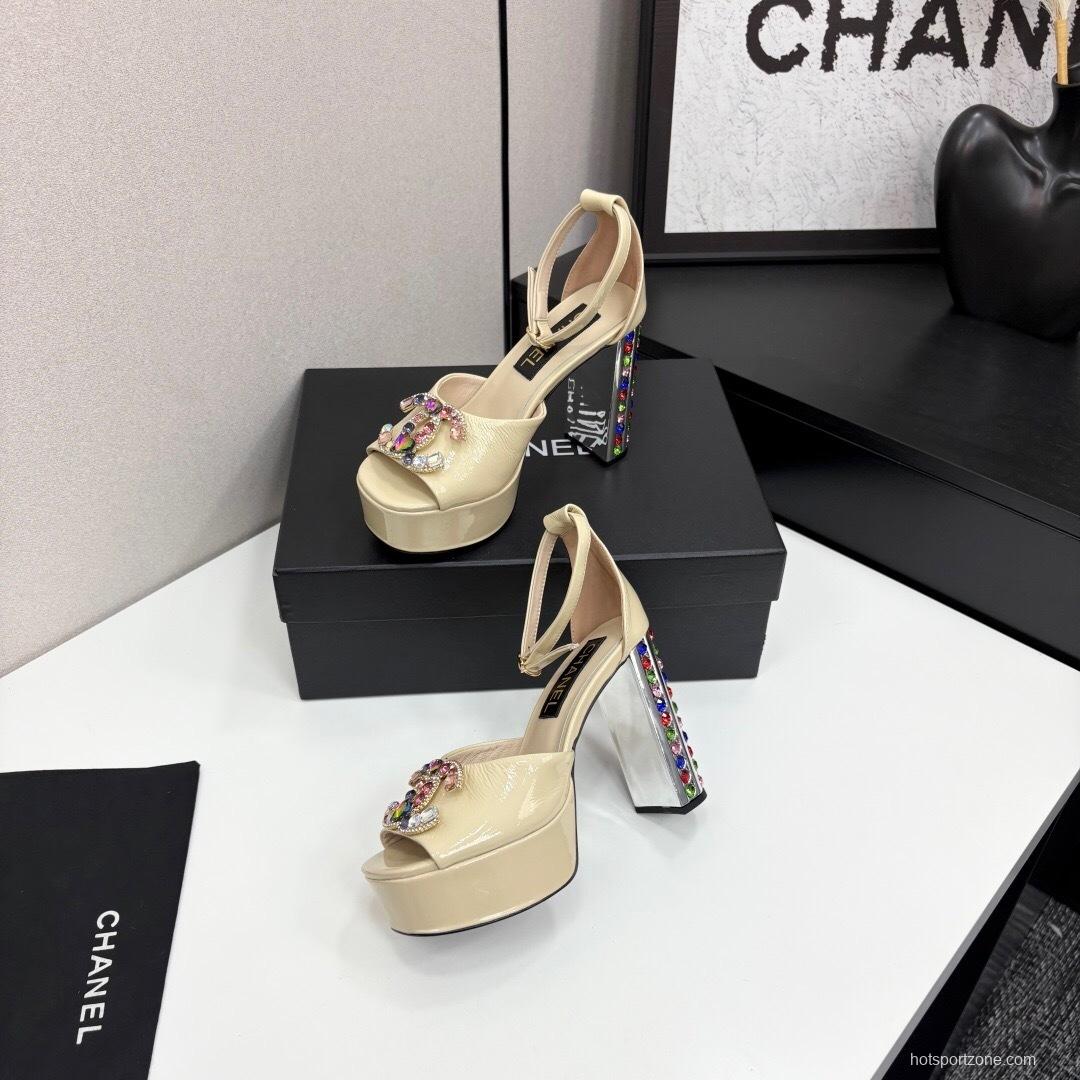 Adidas 2025/SS Little Fragrance Style Nightclub Color Diamond Chunky Heel Square Heel High Heel Waterproof Platform Back Strap Simple Sandals - KFY00350