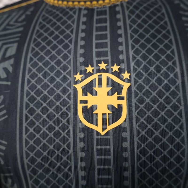 2026 Player Version Brazil Black with Gold Geometric Tribal Pattern Jersey
