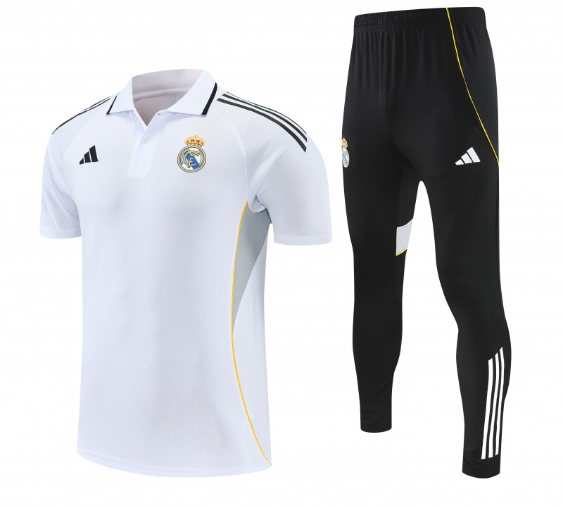 26/27 Real Madrid White Polo Training Shirt + Black Long Pants Tracksuit