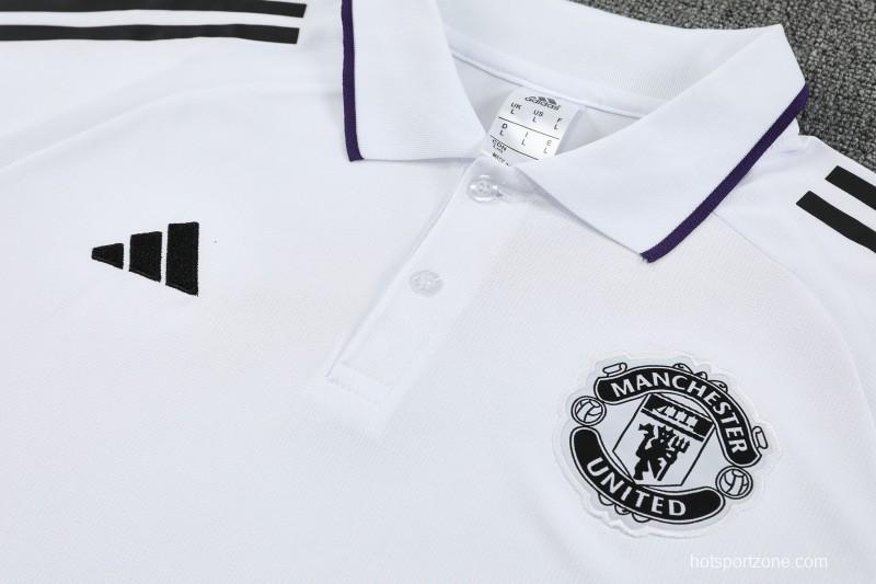 26/27  Manchester United White Polo Training Shirt + Long Pants Tracksuit