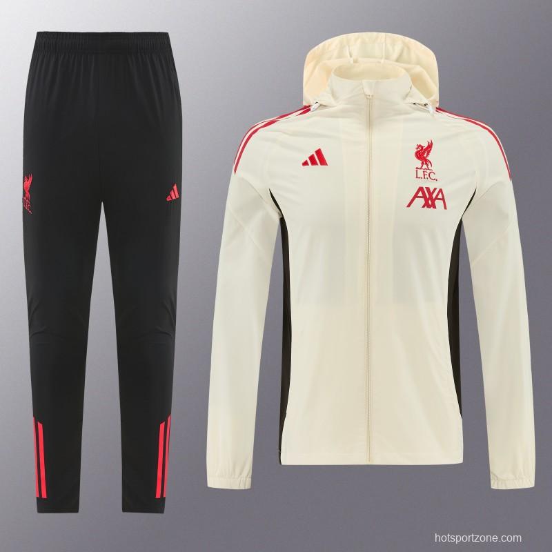26/27 Liverpool Cream Full Zipper Hooded Jacket Tracksuit + Black Long Pants