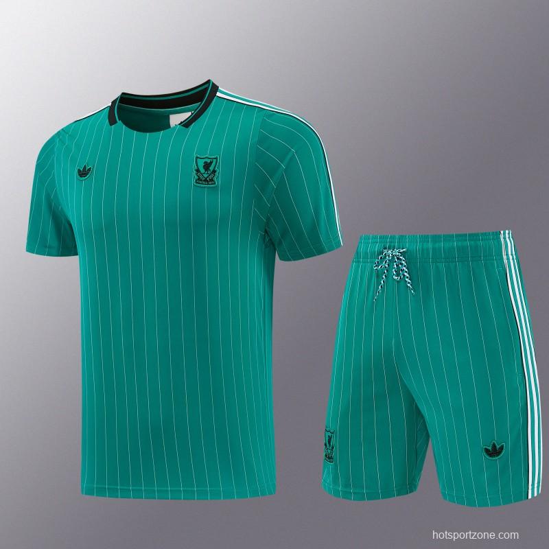 26/27 Liverpool   Green Pinstripe  Short Sleeve+Soccer Shorts