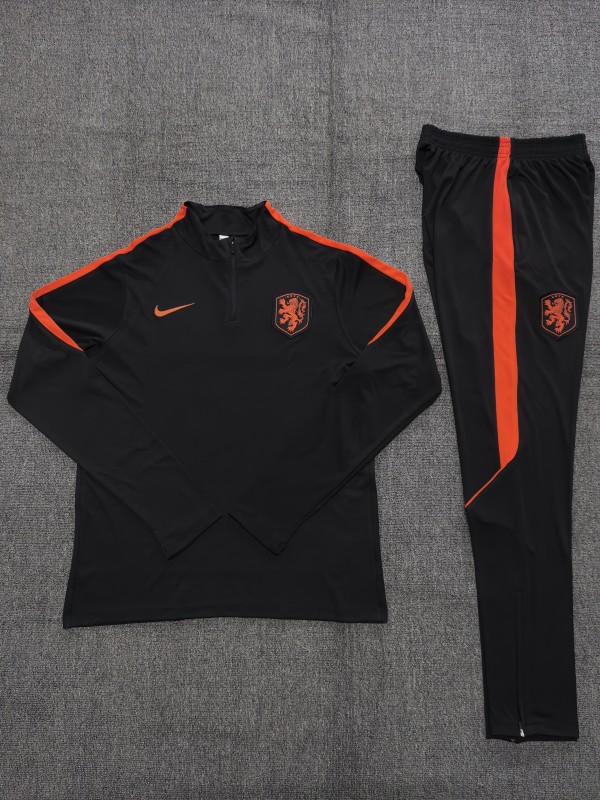 2026 Kids Netherlands Black & Orange  Half Zipper Jacket Tracksuit + Long Pants