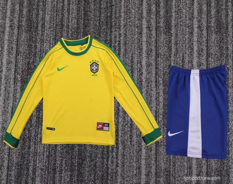 Retro Kids 1998 Brazil Home Long Sleeve Jersey
