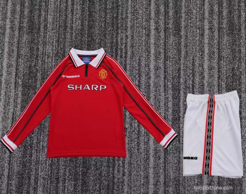 Retro Kids 98/99 Manchester United Red Home Long Sleeve Jersey