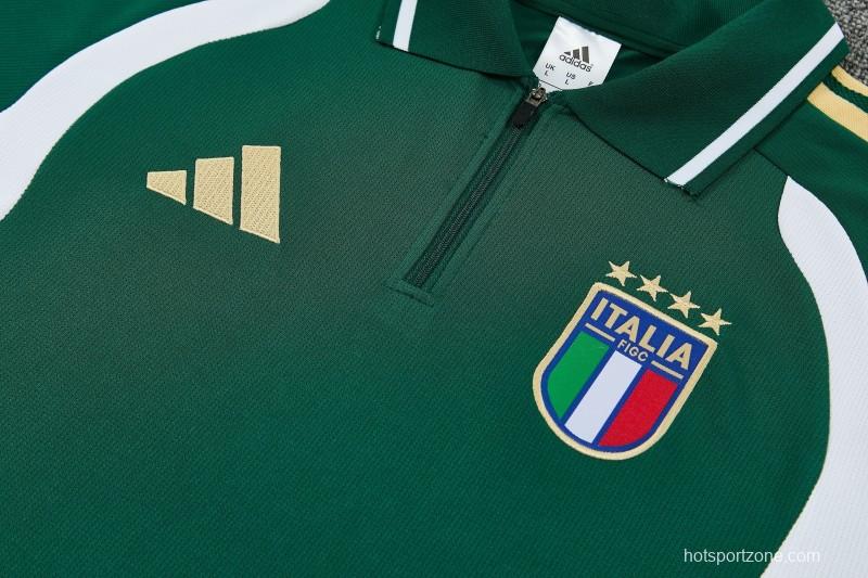 2026 Italy Green & White Half-Zip Polo Short Sleeve Tracksuit + Long Pants