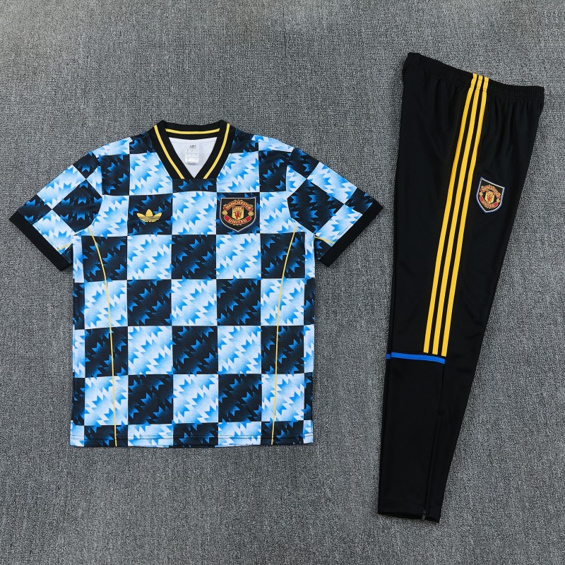 26/27 Manchester United Blue & Black Checkerboard Short Sleeve Tracksuit + Long Pants