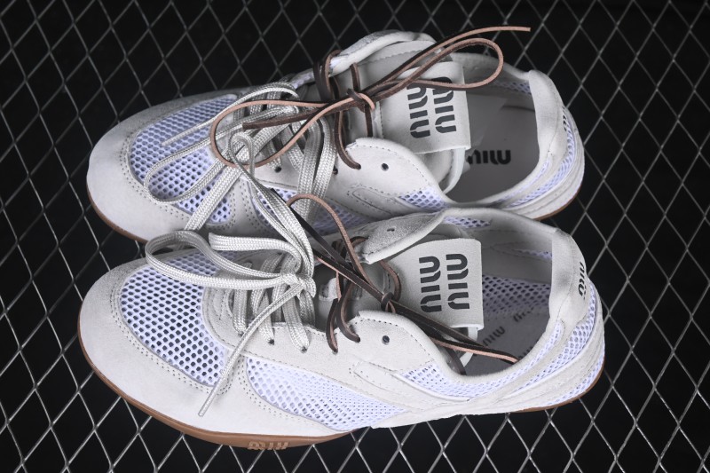 Miumiu Gymnasium 26s Spring Summer Runway Multi-Element Clash Round Toe Lace-Up Mesh German Trainer Shoes Leather