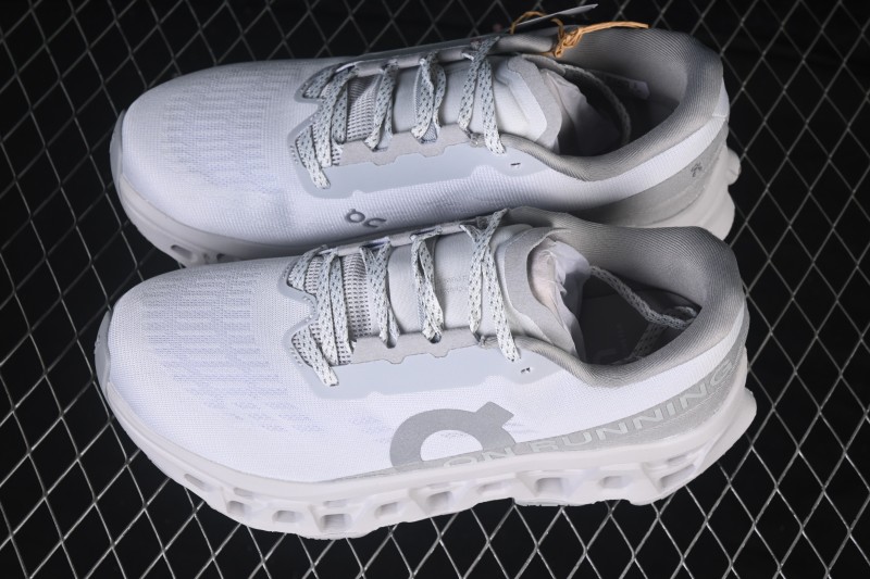 On Cloudmonster 3 Cushioned Running Shoes – White/Grey with Silver-Grey Logo