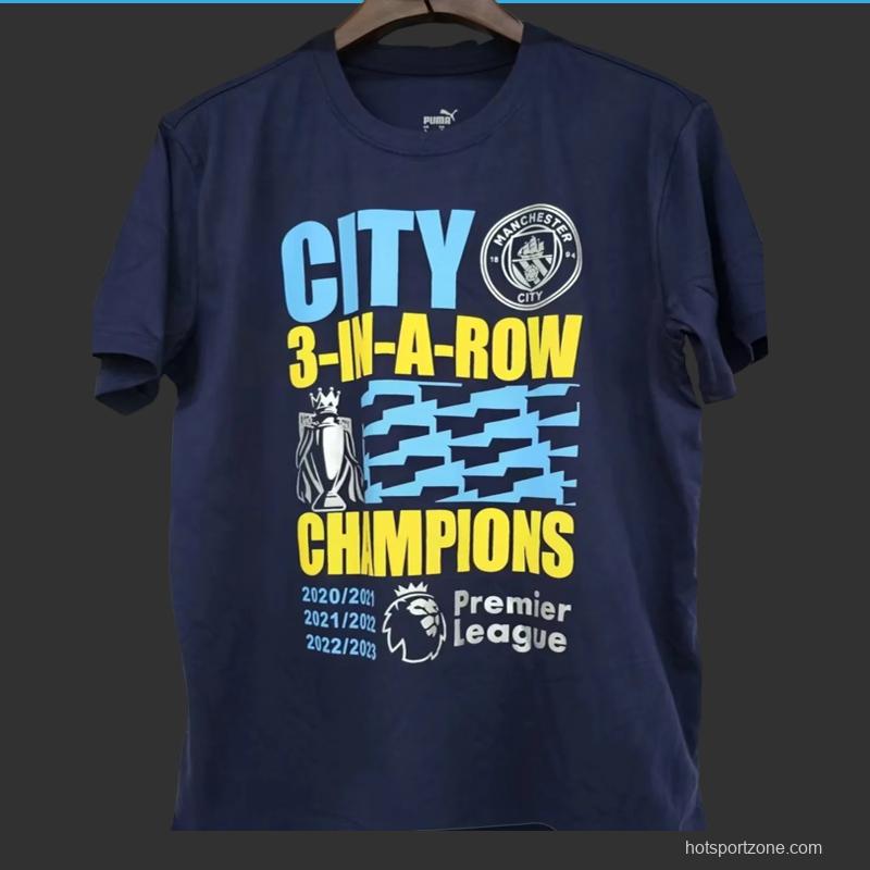 23/24 Manchester City Navy 3 In A Row Champions T-Shirt