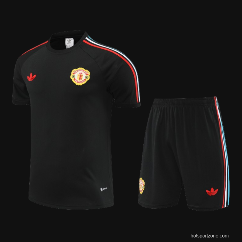 23/24 Manchester United Black Cotton Short Sleeve Jersey+Shorts