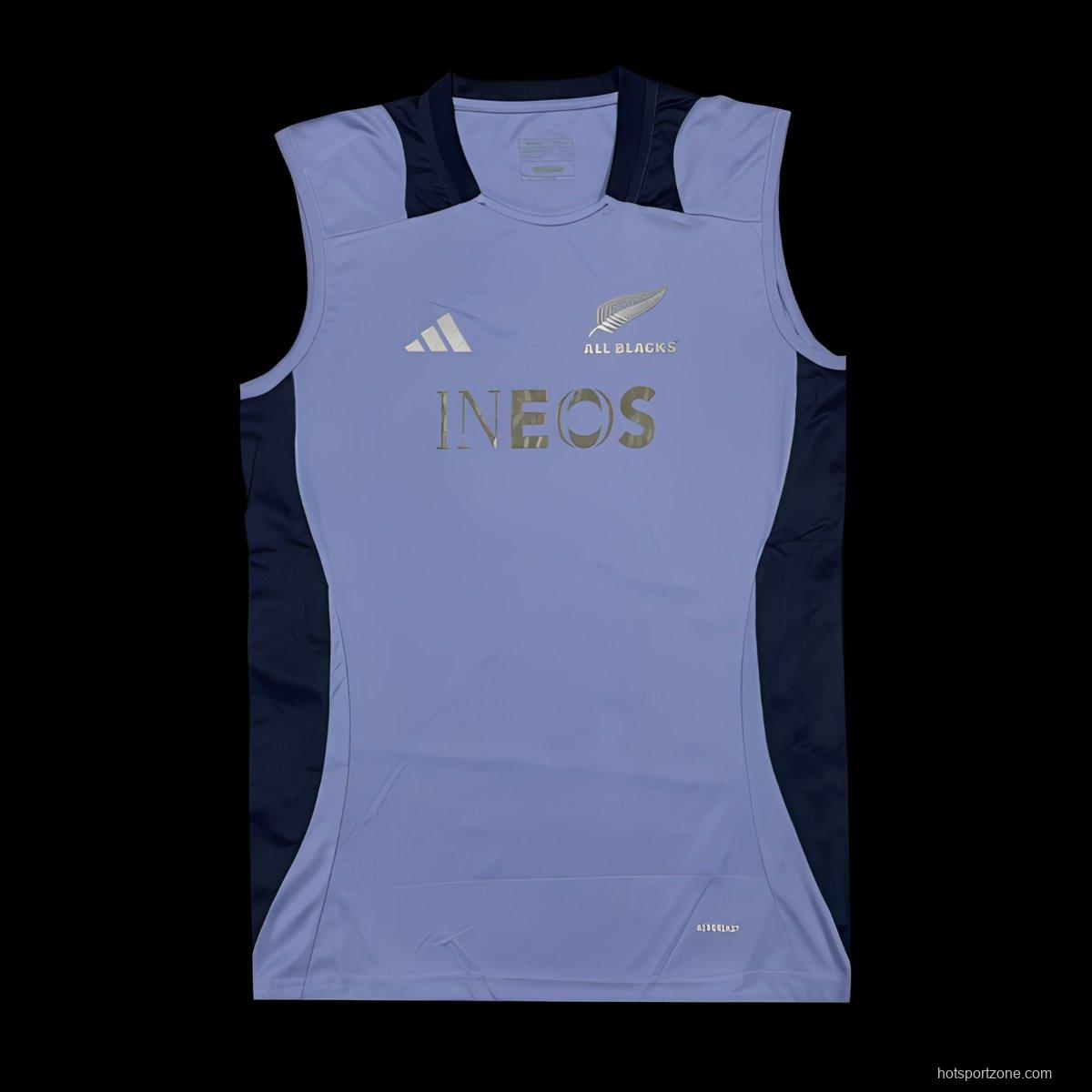 2024 New Zealand All Blacks Light Blue with Navy Side Panels Sleeveless Jersey