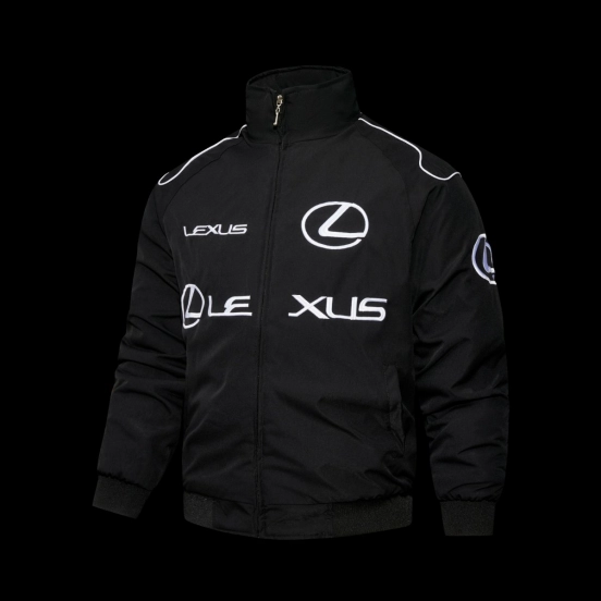 2026 F1 Lexus Black Racing Jacket with White Logo Embroidery and Piping Details