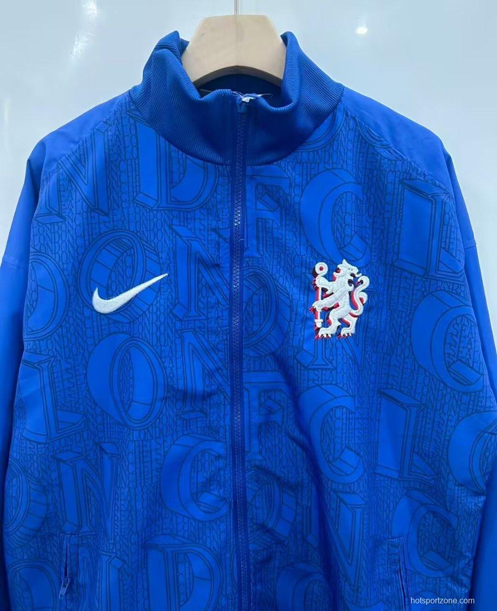 25/26 Chelsea FC Blue with All-Over London Text Pattern Full Zipper Windbreaker