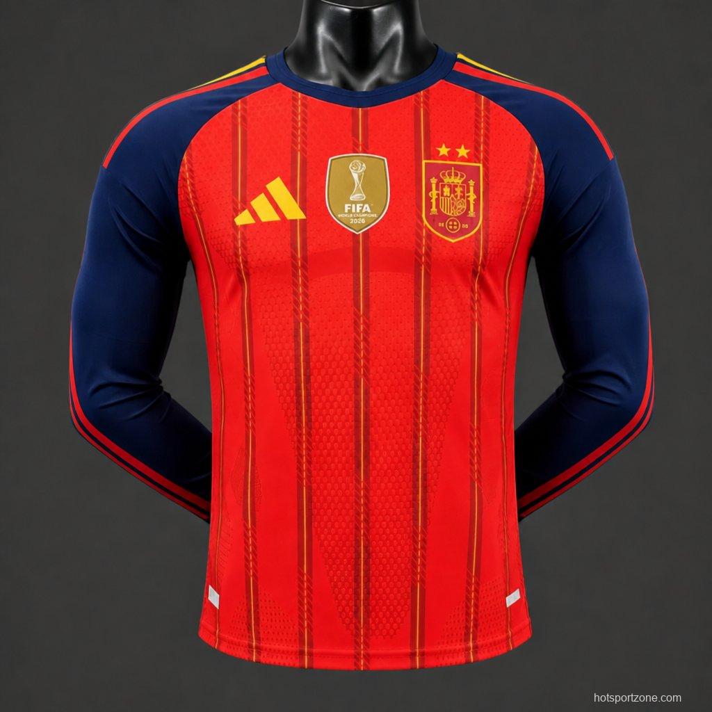 Player Version 2 Star 2026 Spain Home Long Sleeve Jersey With Champion Patch